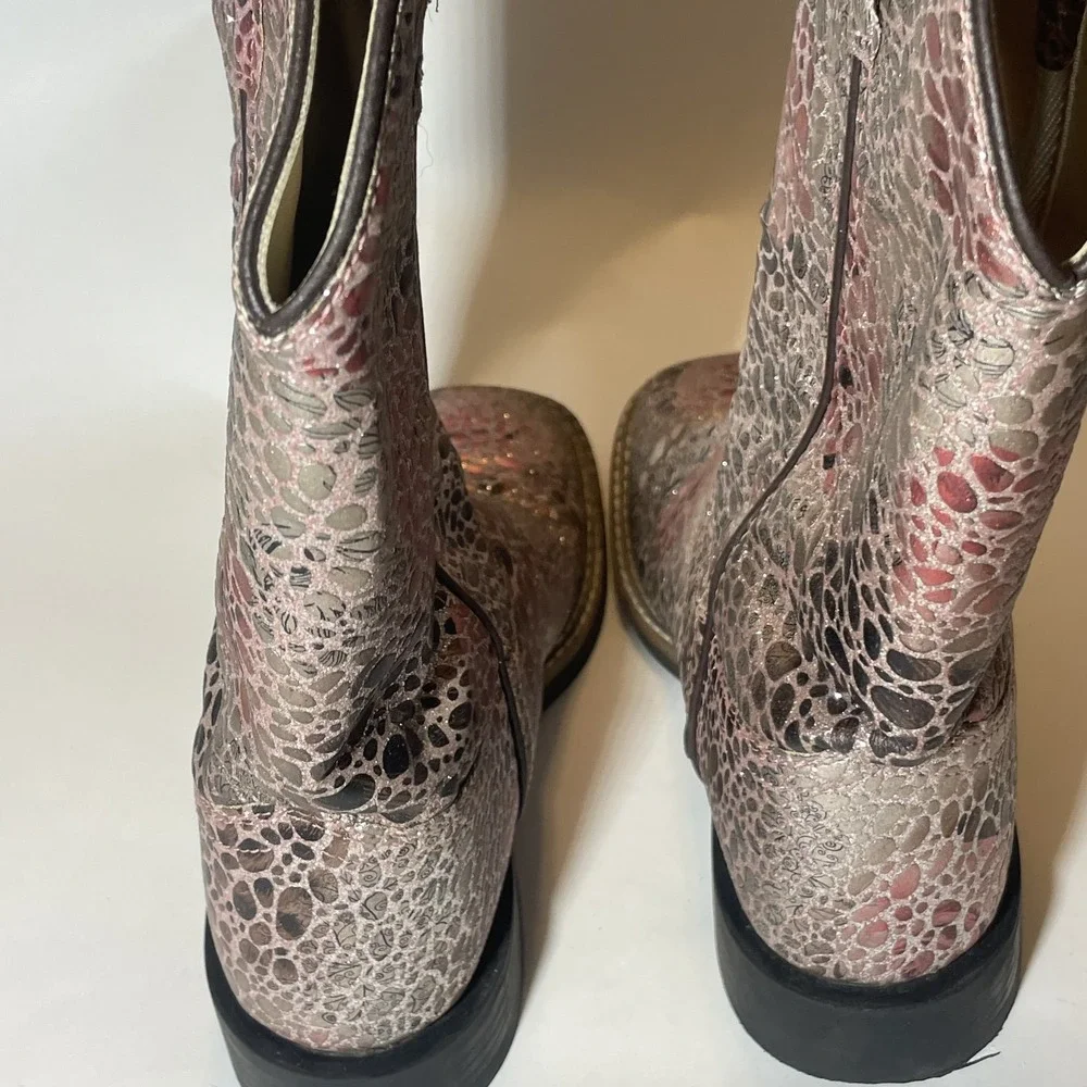 Old West Girls Size 3 D Pink Glitter Shimmery Snake Print Western Cowboy Boots